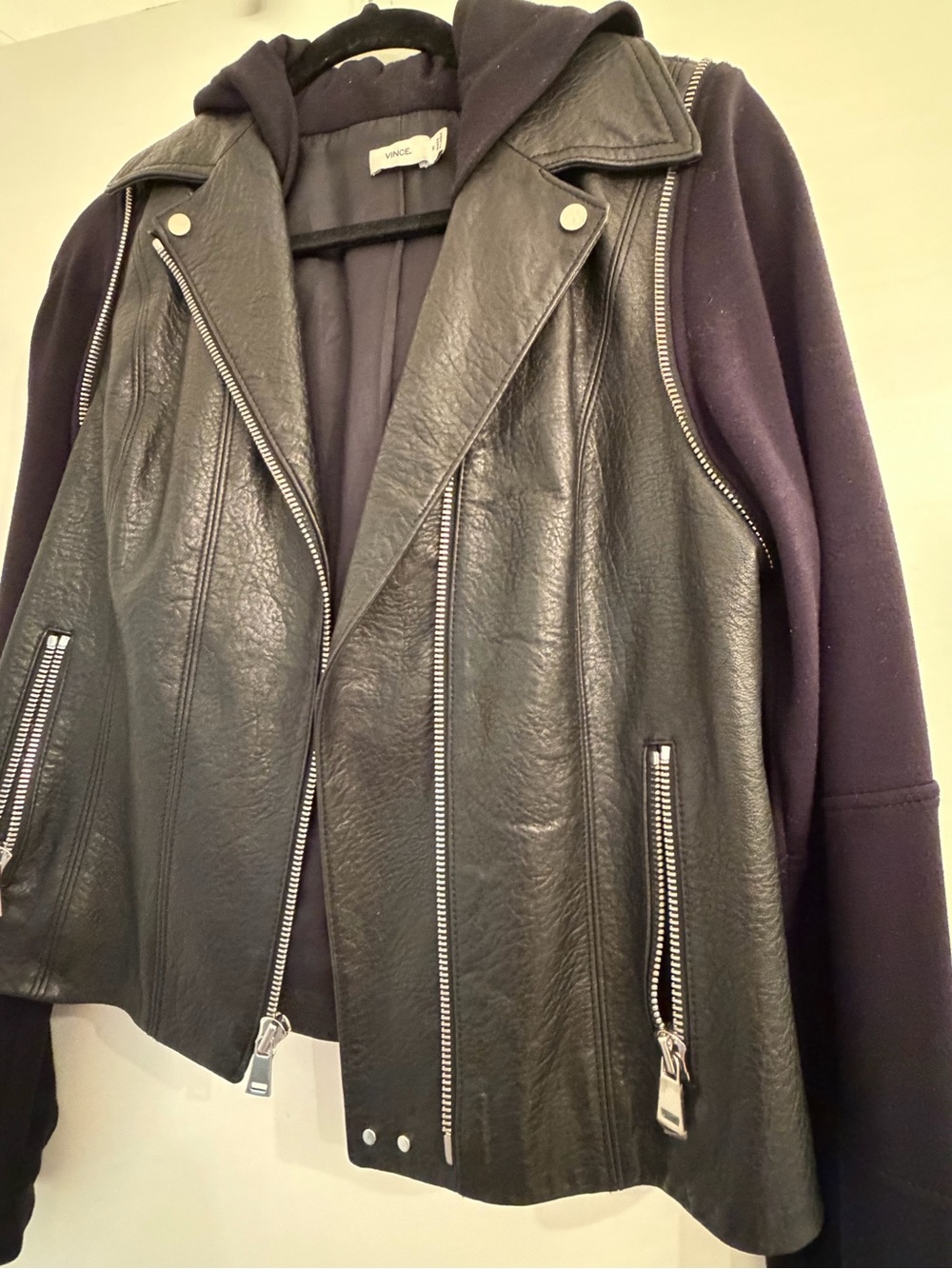 Vince Black Leather Moto Jacket with Hooded Knit Sleeves - Picture 2 of 9